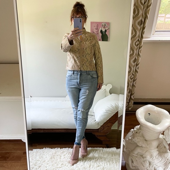 JOHNPAULRICHARD FAUX LEATHER SNAKESKIN MOTO JACKET BEIGE TAN RED BLACK NEUTRAL - Picture 9 of 9